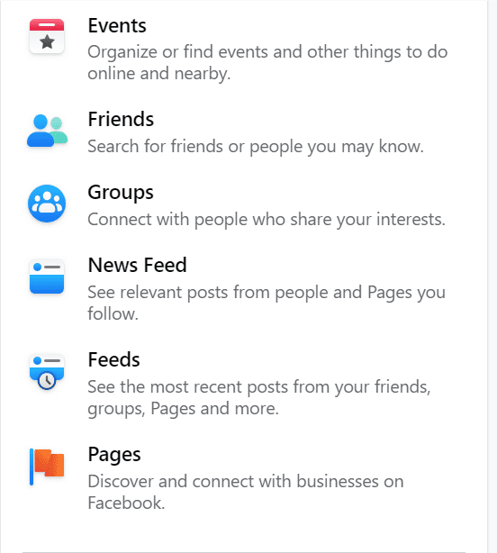 Facebook menu for groups