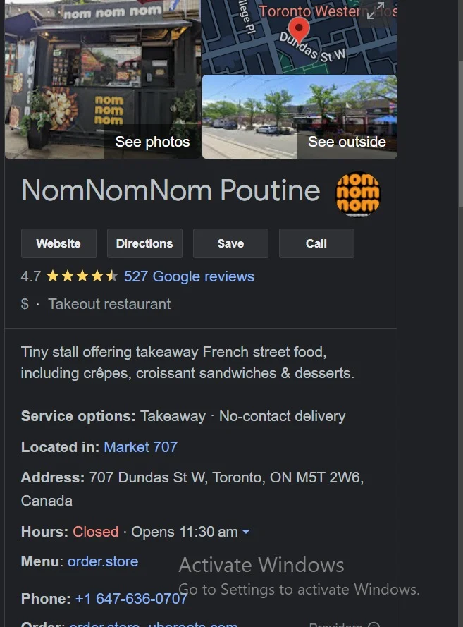 Online business listing of a poutine restaurant in Toronto