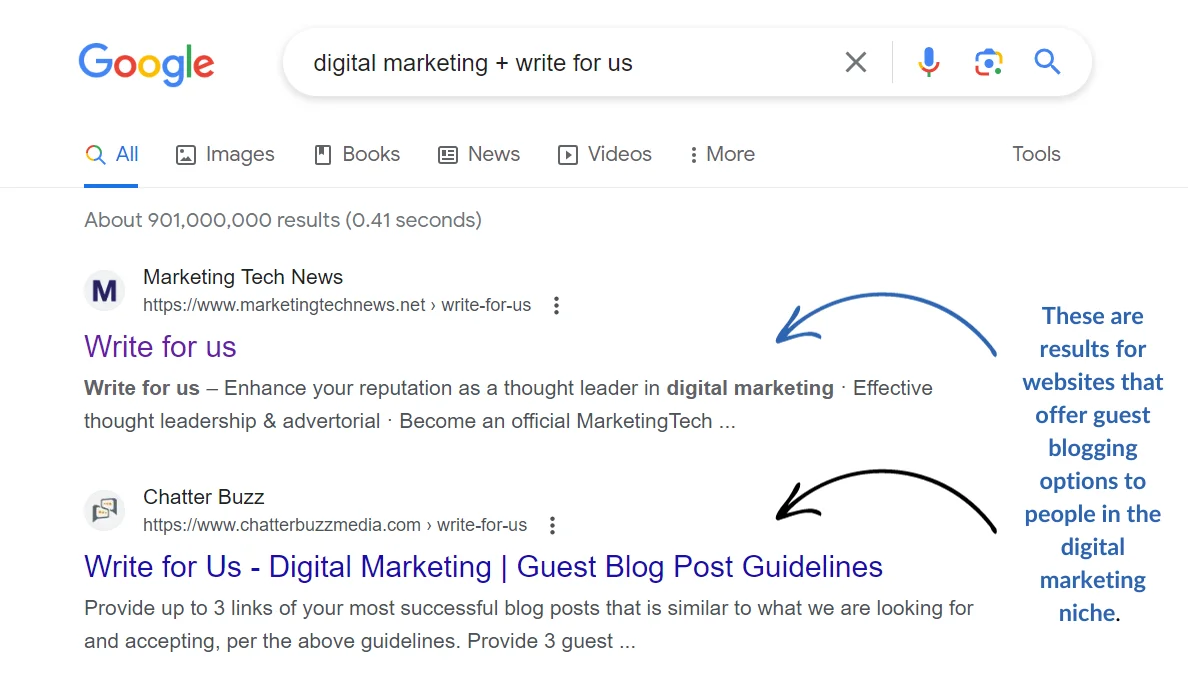 Google search results of guest blogging websites in the digital marketing niche