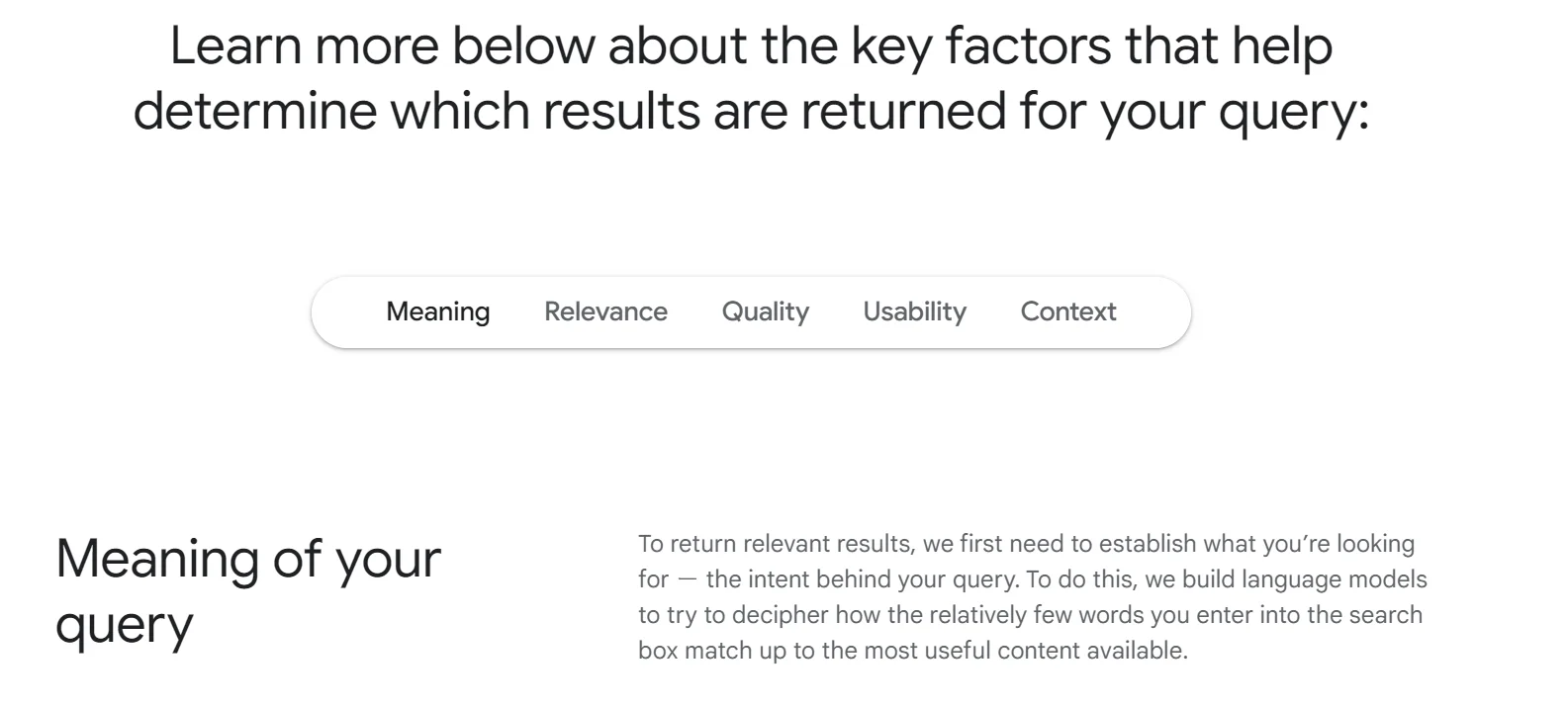 A screenshot of Google's explanation about page ranking factors
