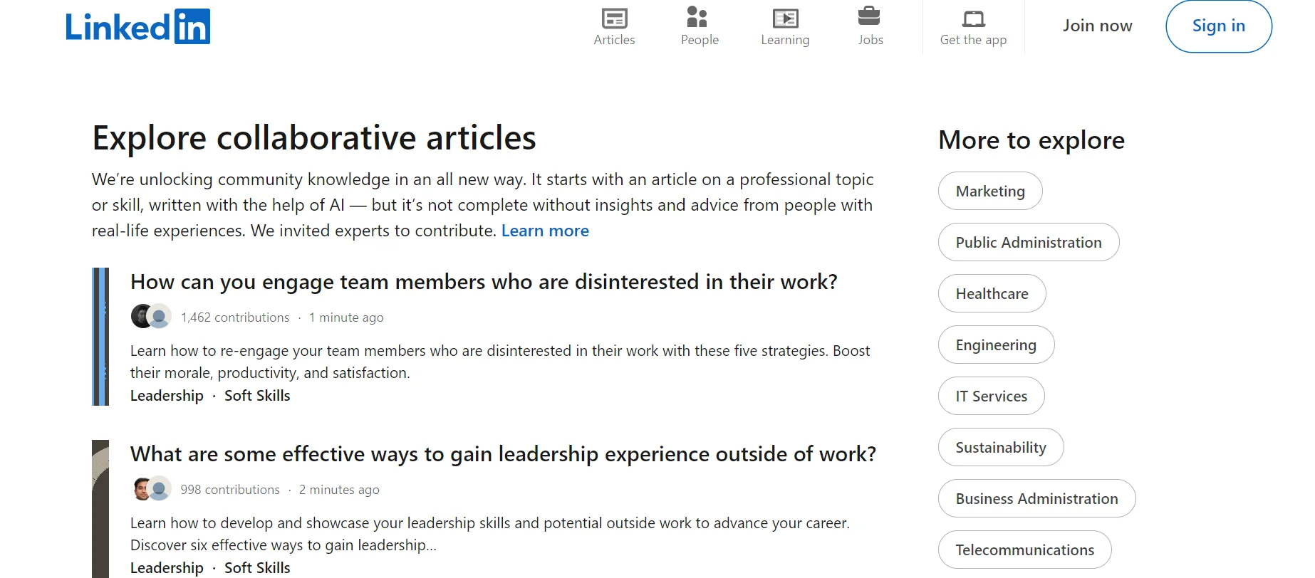 A screenshot of LinkedIn articles