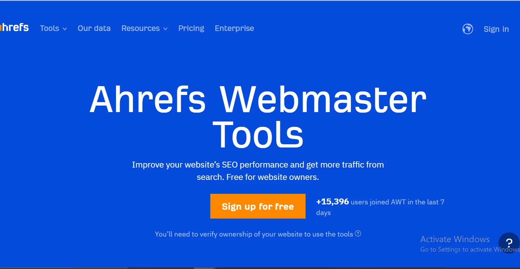 Homepage of Ahrefs Webmaster tools DIY seo software