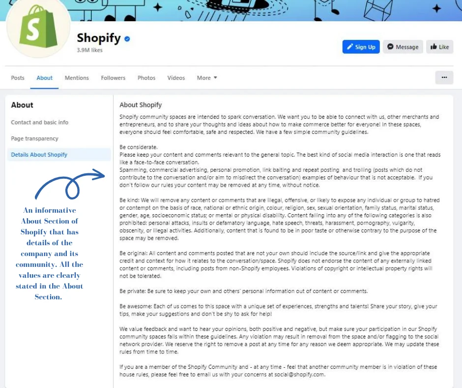 The Facebook About Section of Shopify