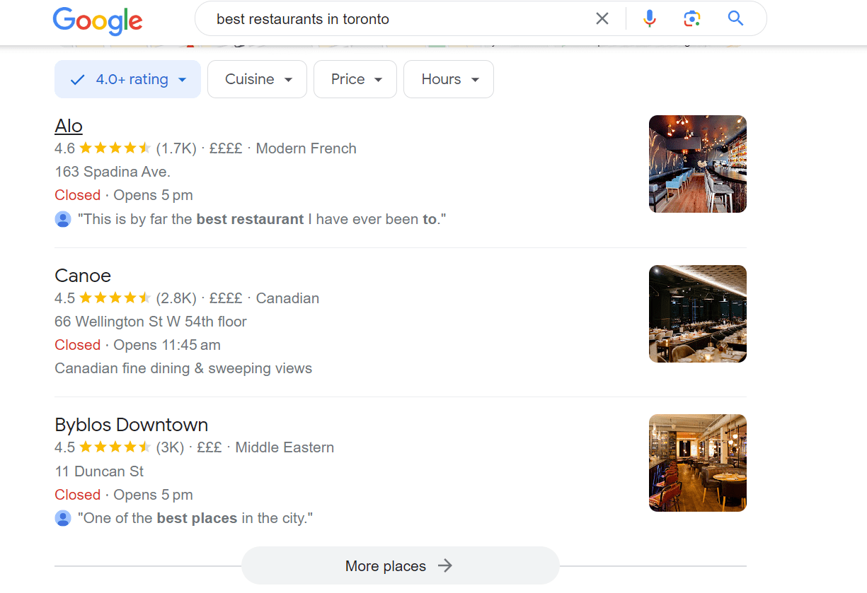 screenshot of best restaurants in Toronto list from Google SERPs
