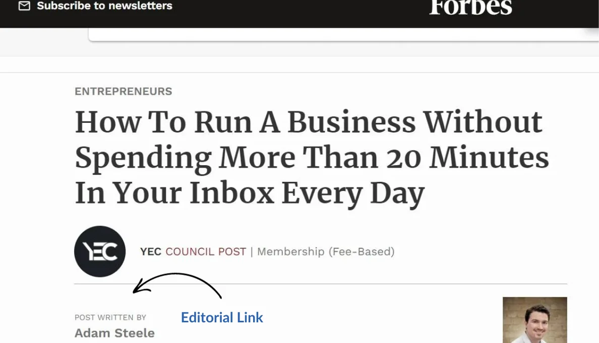An example of an editorial backlink on the Forbes website
