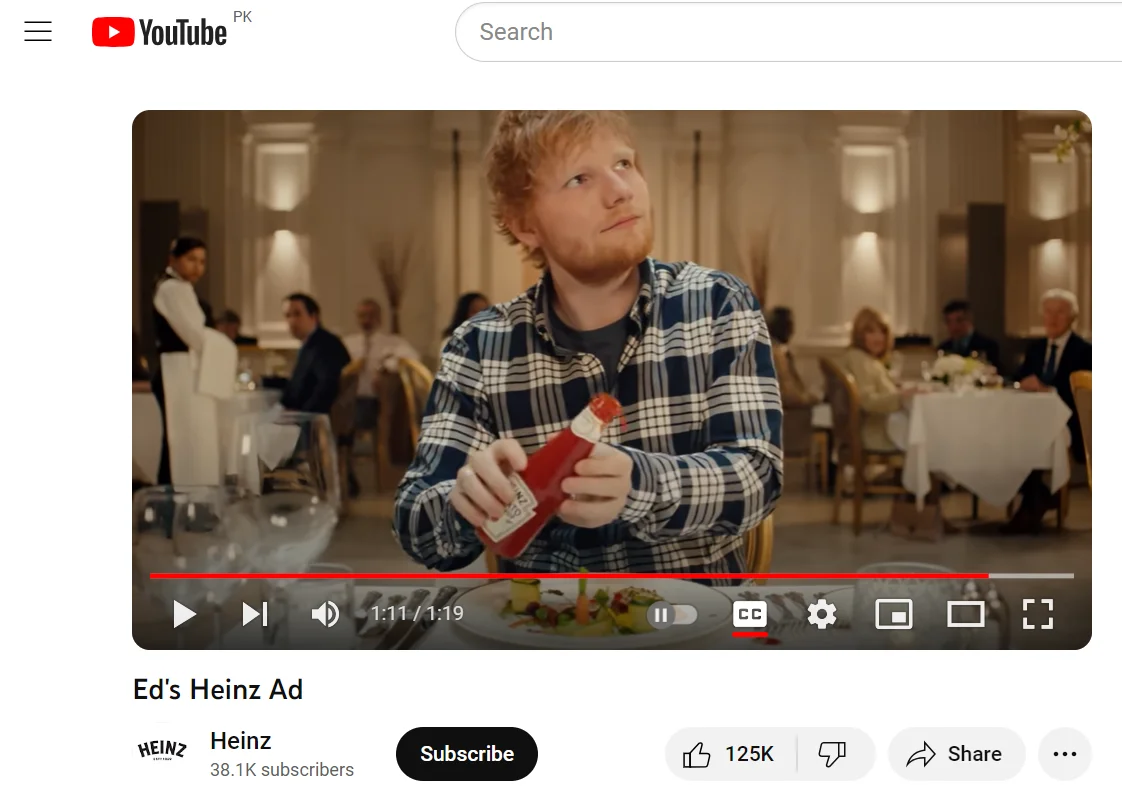 A screenshot of the heinz youtube ad starring ed sheeran
