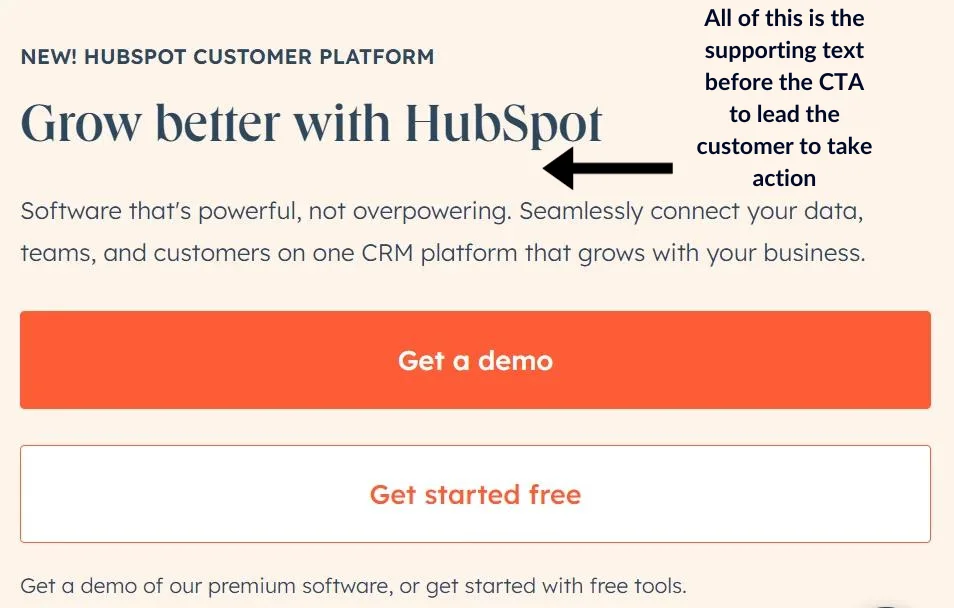 an example of the supporting cta text on HubSpot home page