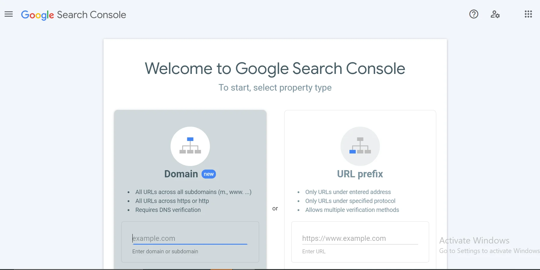 Homepage of Google search console