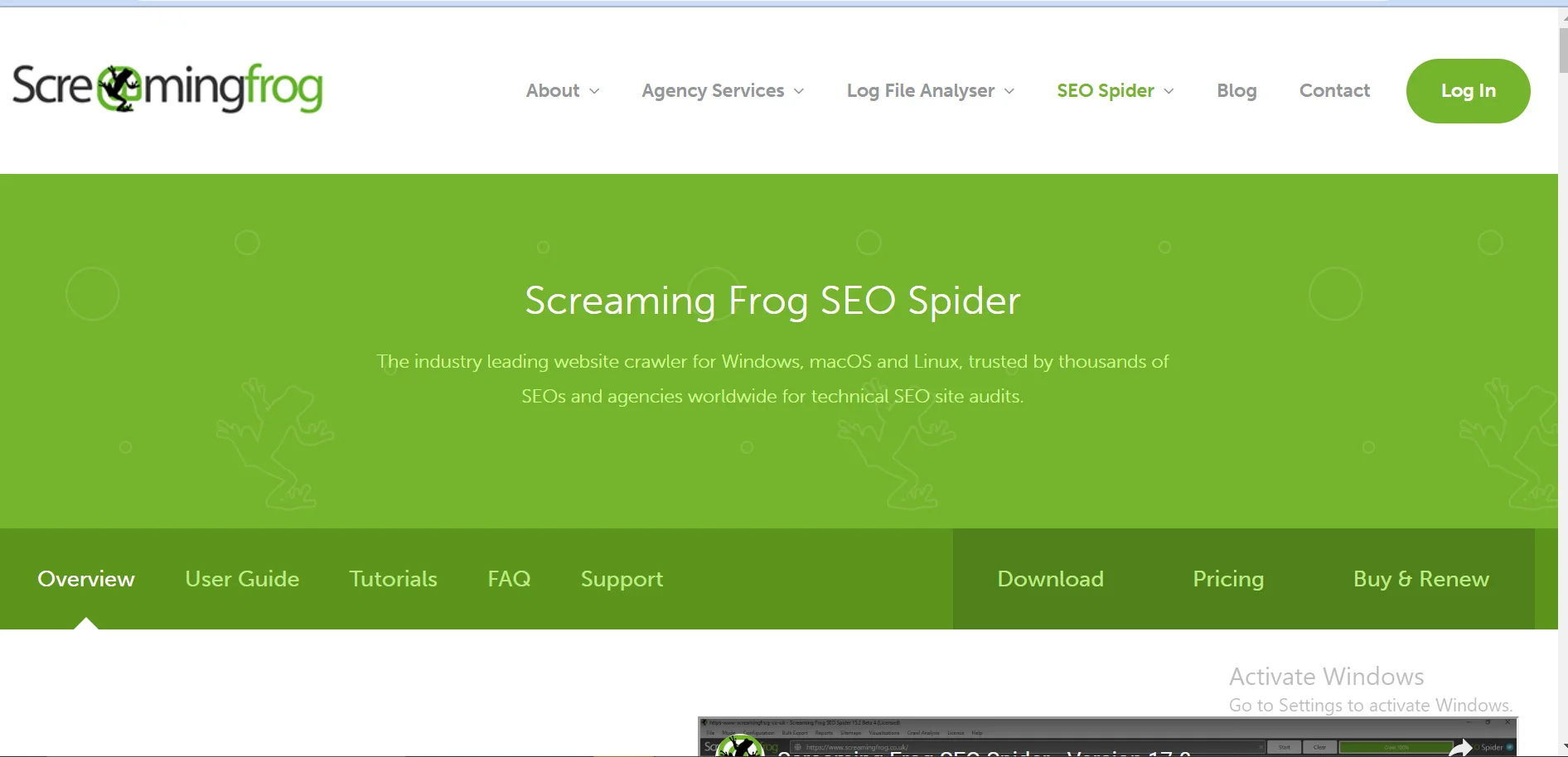 homepage of screaming frog diy seo software