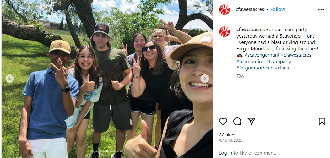 An instagram post of Chick fil a showing a team scavenger hunt