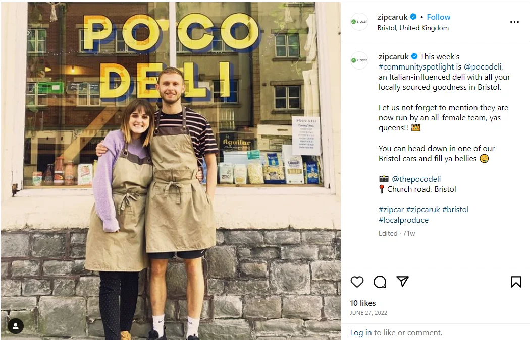 An Instagram post of Zipcar UK showing two local community members