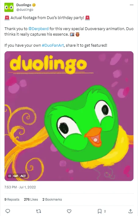 A Twitter post of a gif by duolingo
