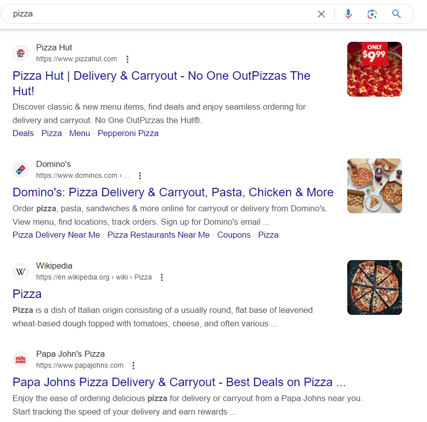 Google search results of the keyword pizza