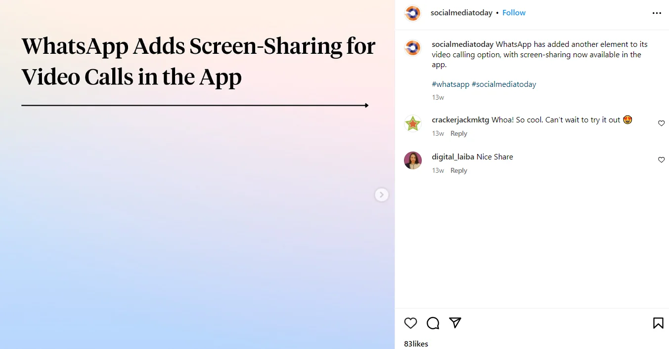 An Instagram post of Social Media Today showcasing latest industry news
