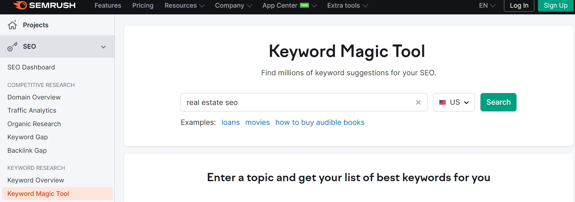 Home page of Keyword Magic Tool by SEMRush