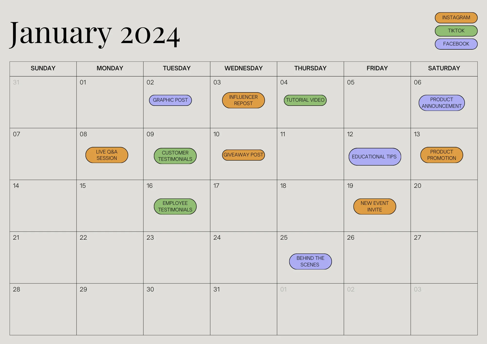 An example of a social media content calendar