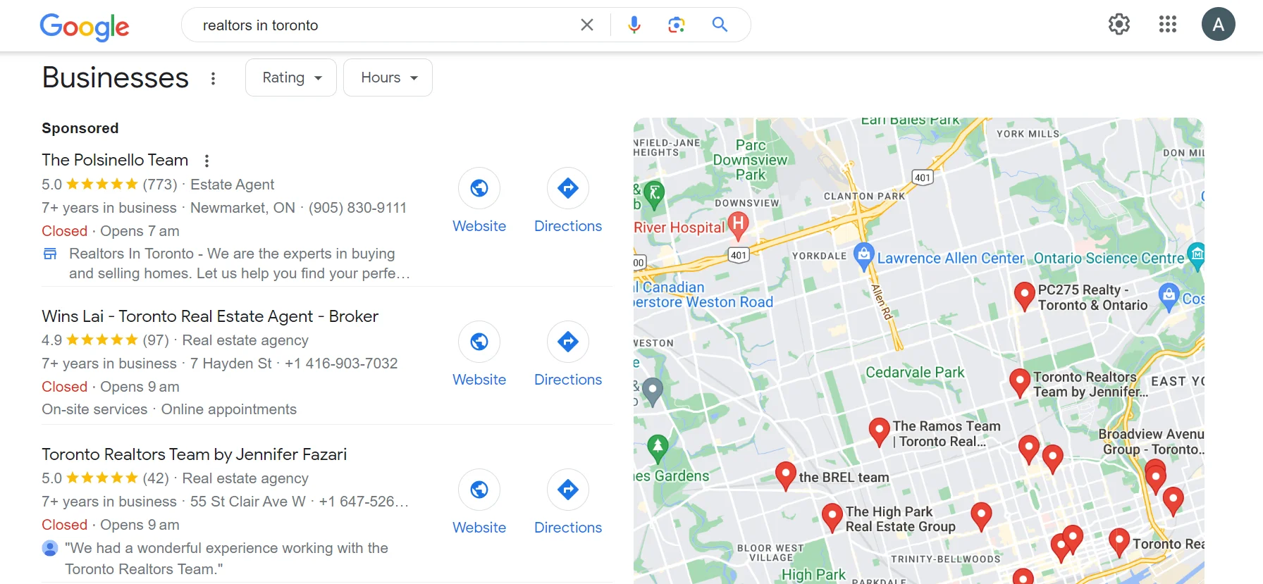 Search results of realtors in toronto listed on Google Business Profile