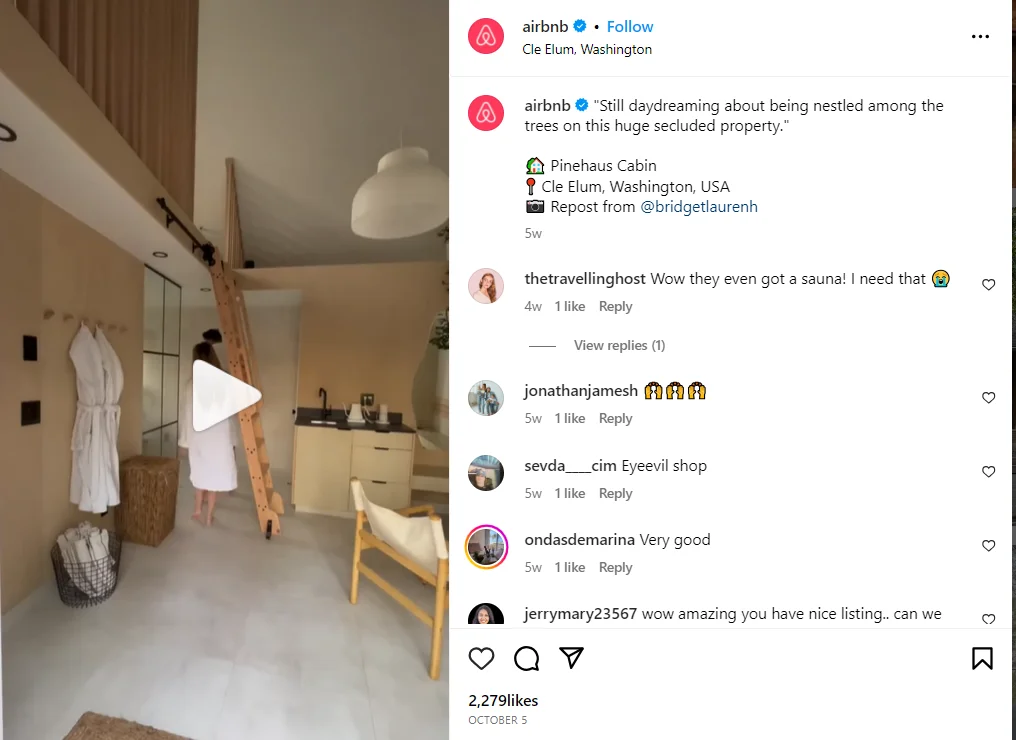 An instagram post of Airbnb showing user generate content