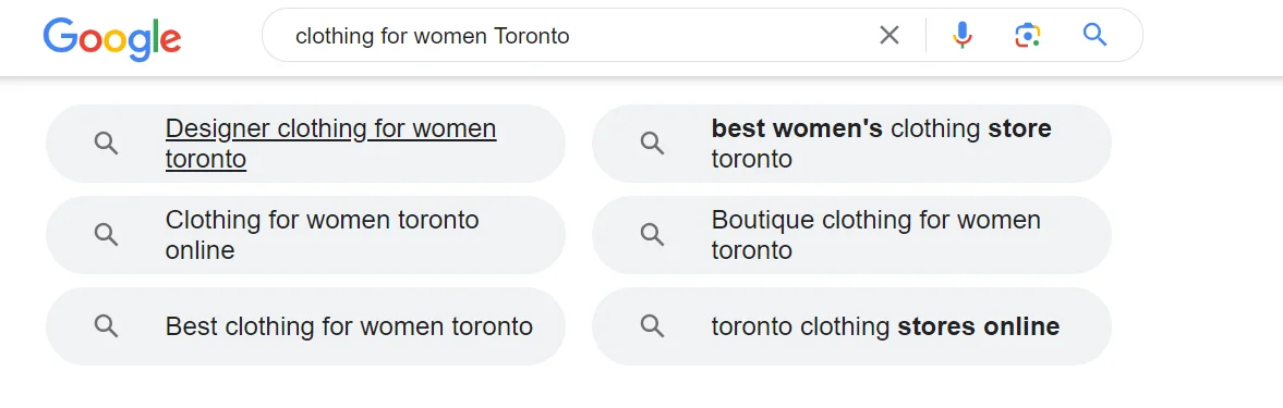 Google search results of clothing for women in Toronto