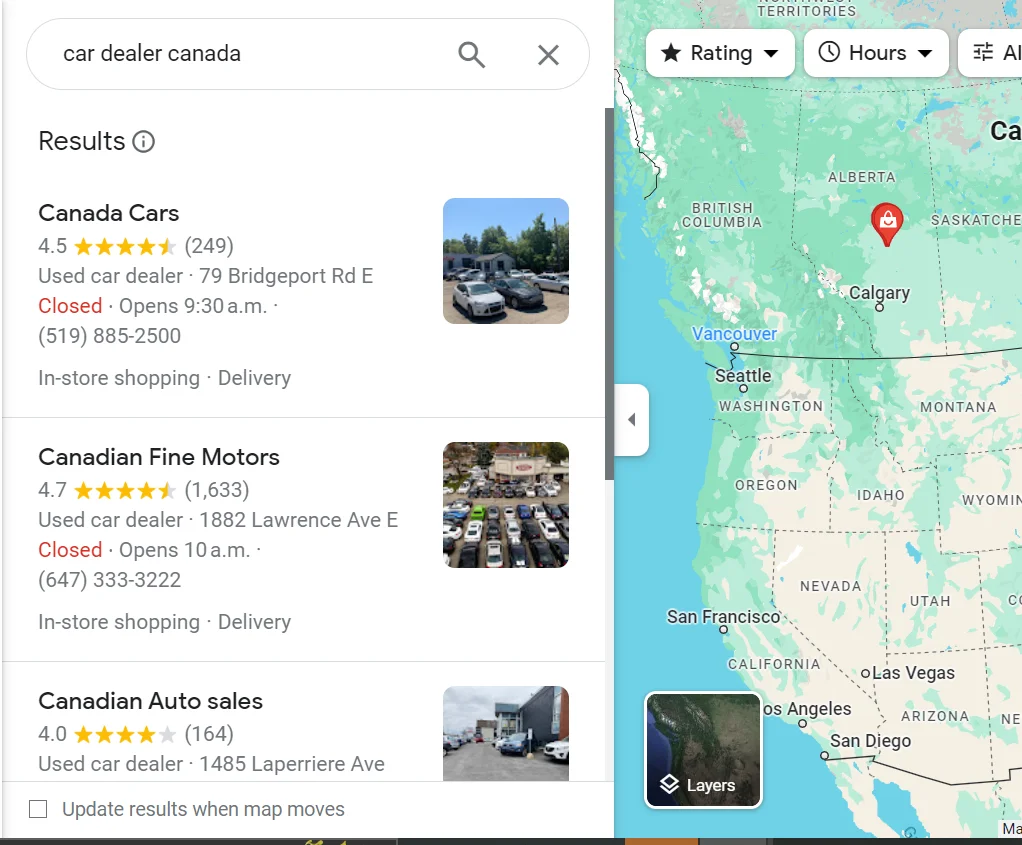 Local listings of car dealers in Canada on Google