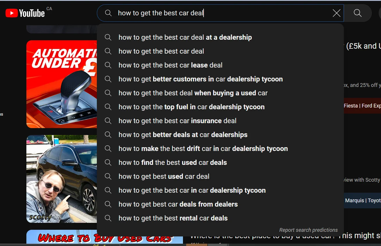 Youtube homepage showing list of automotive keywords