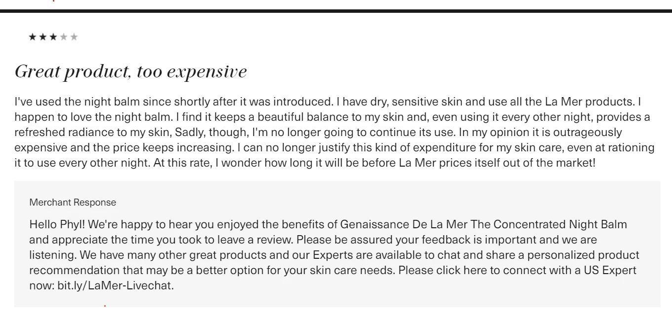 An example on how to respond to negative reviews regarding pricing