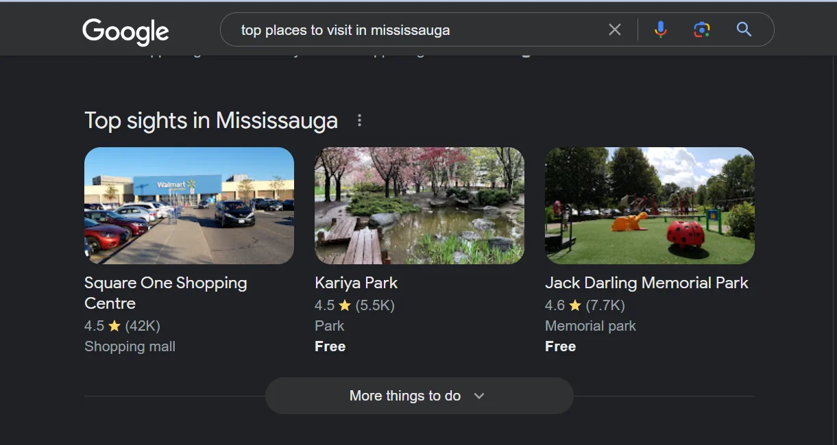 Google results of top things to do in Mississauga