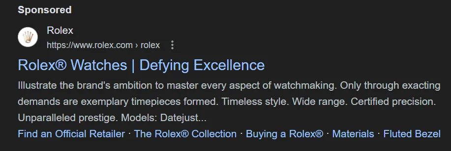 Structured snippet example of Rolex